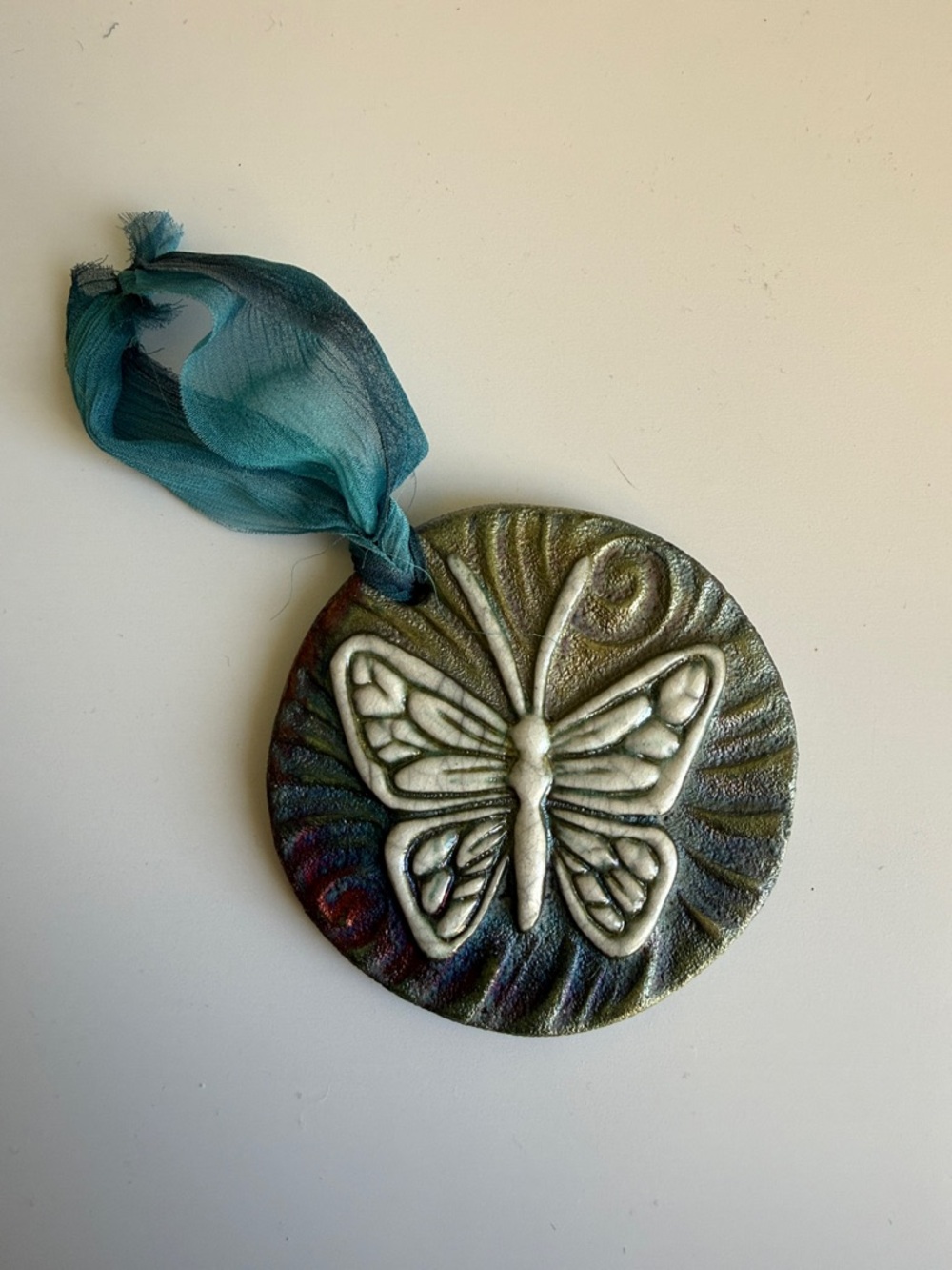 Raku Medallions Butterfly Medallion with Teal Ribbon
